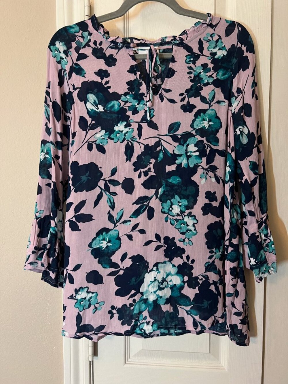 J.Jill Women’s Floral Blouse Pink Teal Long Sleeve Tie Neck Boho Top - XS